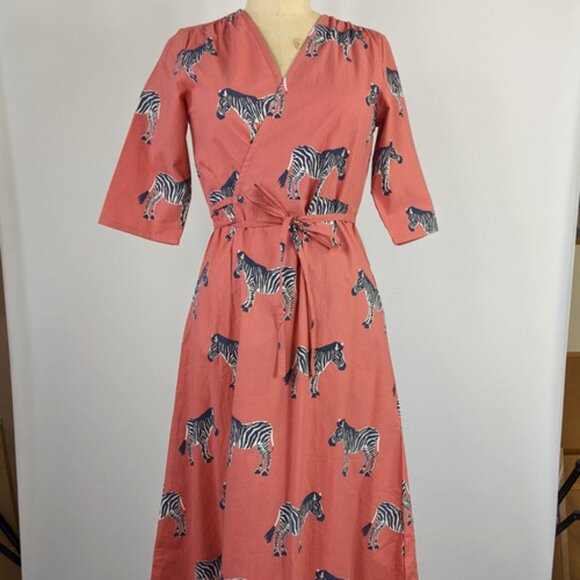 NWT Mata Traders 100% Cotton Fair Trade Zebra Print Wrap Dress - Coral Size S - Picture 1 of 6